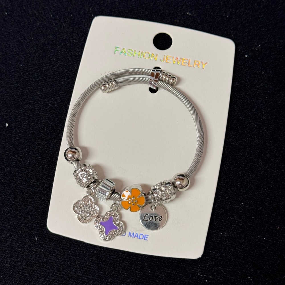 Stainless Steel Silver and Purple Orange Floral Clover Love Charm Bracelet